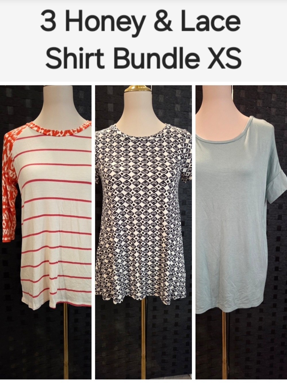 NWT Honey & Lace Shirt Bundle XS Set of 3 Tops Floral Stripe Tunic Swing Tee